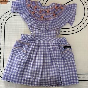 Purple Checkered Dress with Floral Embroidery